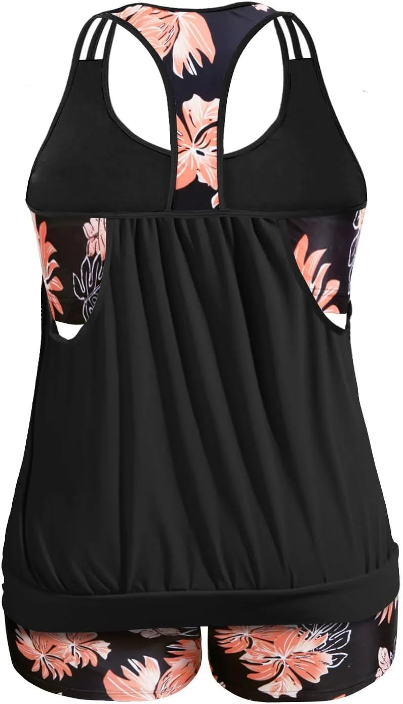 Holipick Plus Size Tankini Swimsuit for Women Two Piece Tummy Control Bathing Suit Blouson Racerback Tankini Top with Shorts