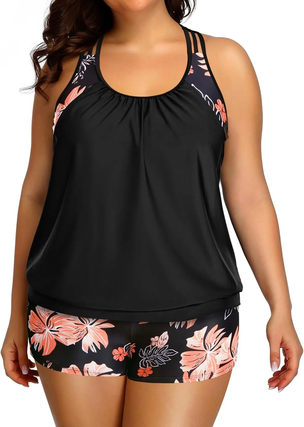 Holipick Plus Size Tankini Swimsuit for Women Two Piece Tummy Control Bathing Suit Blouson Racerback Tankini Top with Shorts