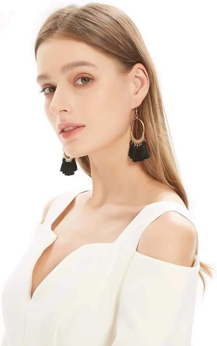 Hoop Tassel Earrings for Women, Big Large Handmade Boho Bohemian Tassel Fringe Dangle Earrings
