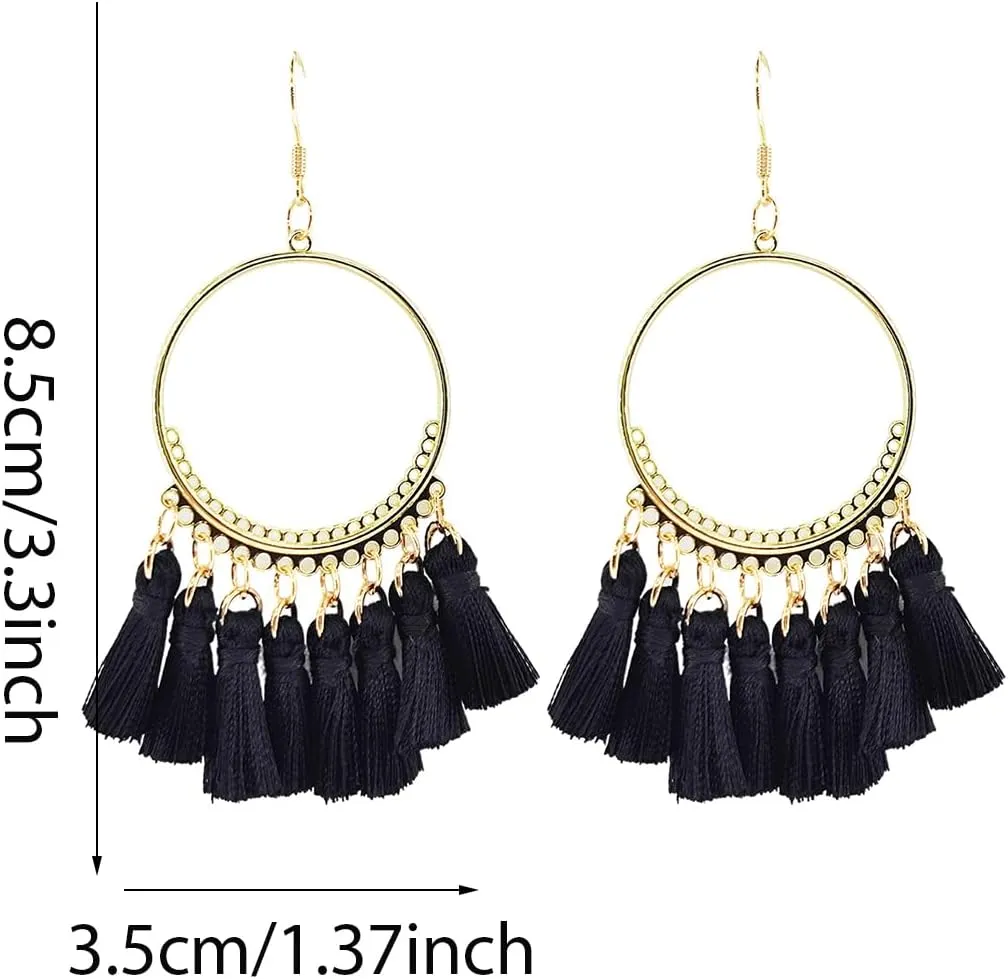 Hoop Tassel Earrings for Women, Big Large Handmade Boho Bohemian Tassel Fringe Dangle Earrings