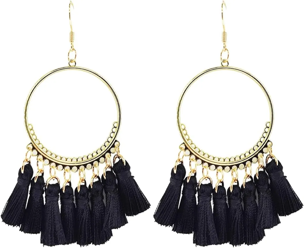 Hoop Tassel Earrings for Women, Big Large Handmade Boho Bohemian Tassel Fringe Dangle Earrings