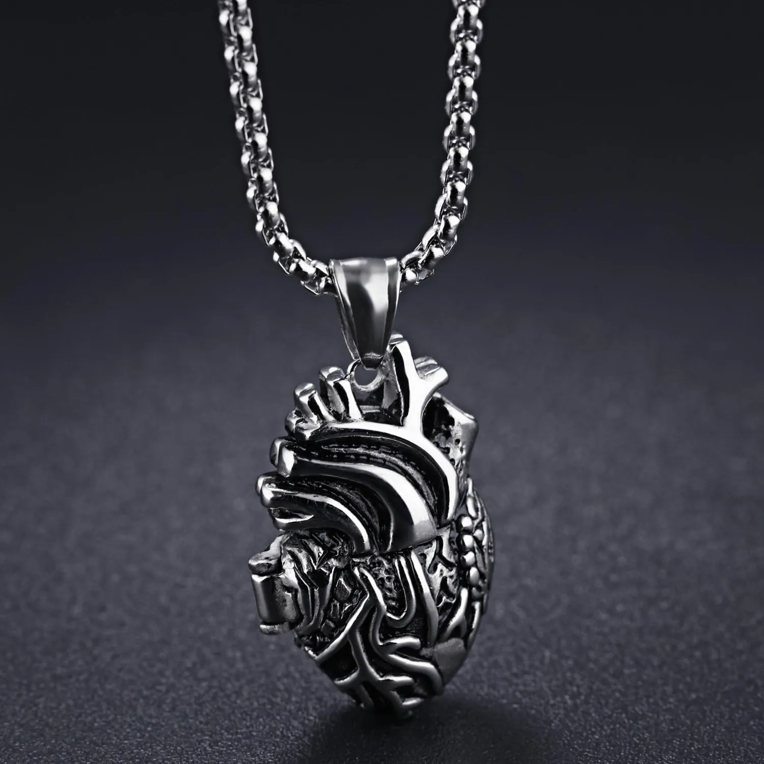 LBFEEL Stainless Steel Anatomical Organ Heart Pendant Necklace for Men in 3 Colors With a Gift Box
