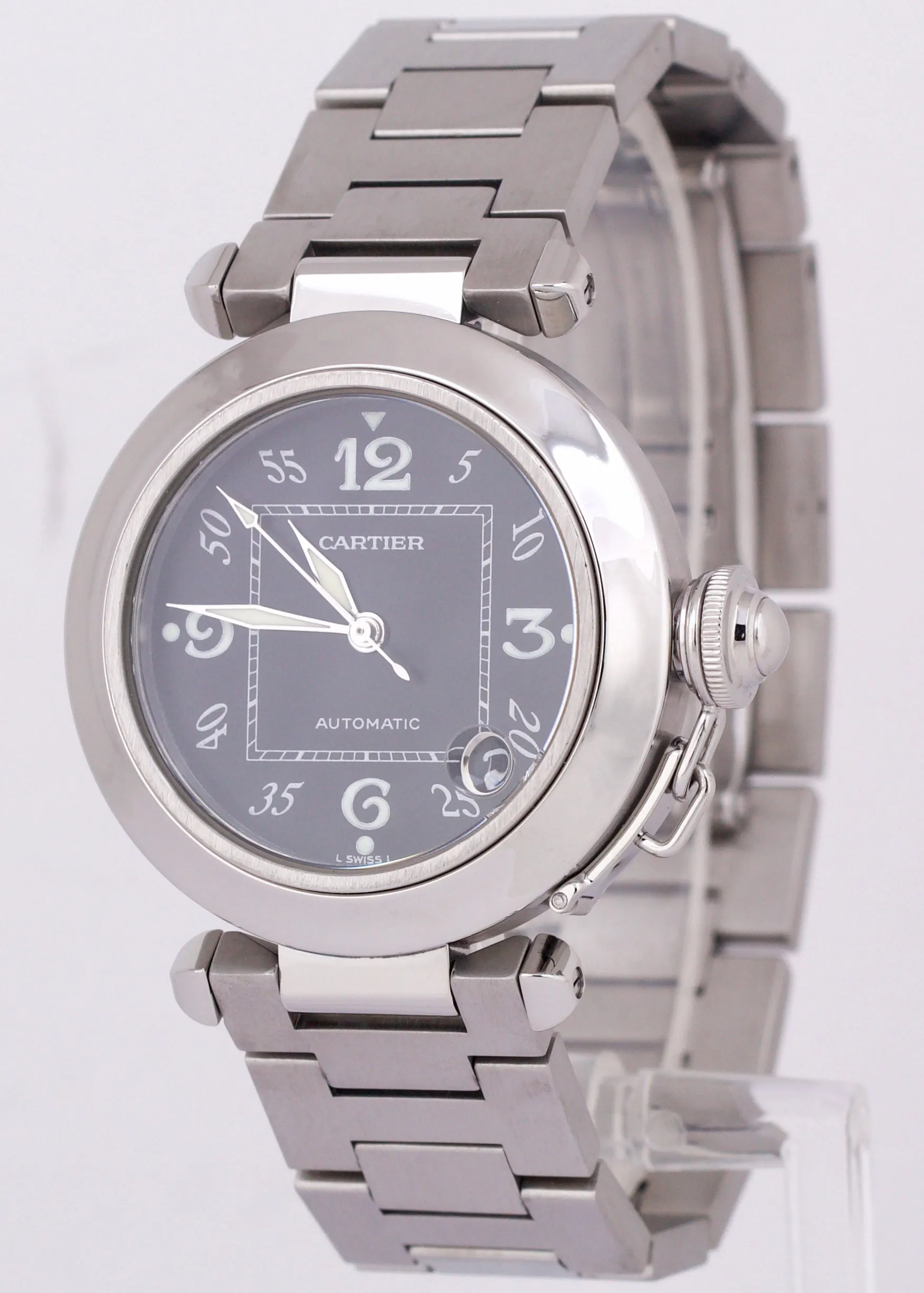 MINT Cartier Pasha 2324 Stainless Steel BLACK Arabic Date Automatic 35mm Watch