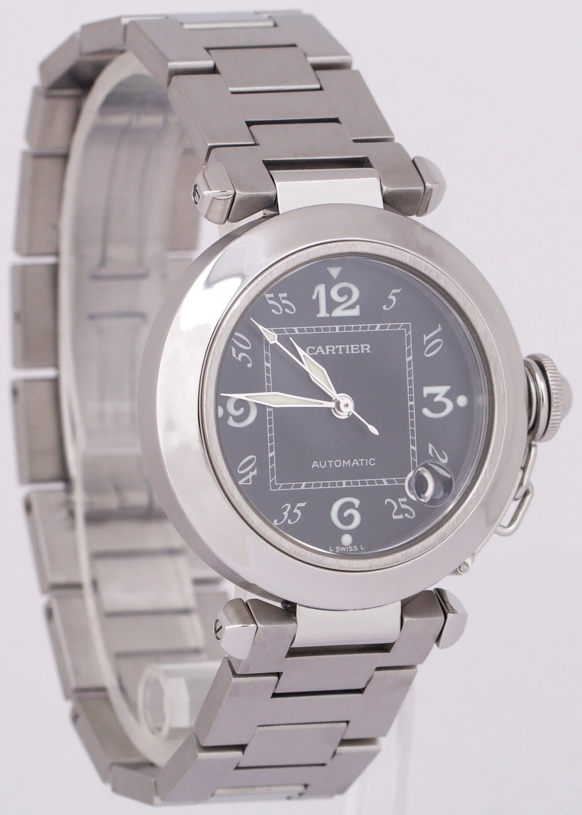 MINT Cartier Pasha 2324 Stainless Steel BLACK Arabic Date Automatic 35mm Watch