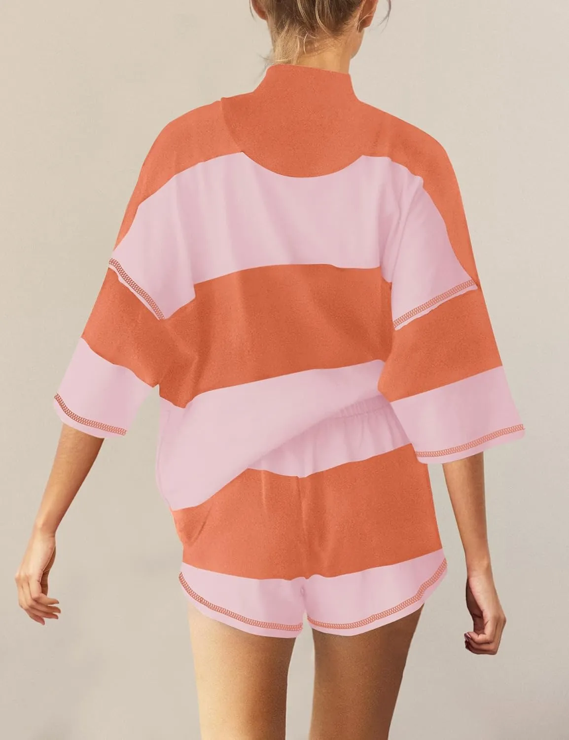 Panadila Women Striped Workout Set Two Piece Outfit Tracksuit Oversized Lounge Set Top and Shorts Sets with Pockets