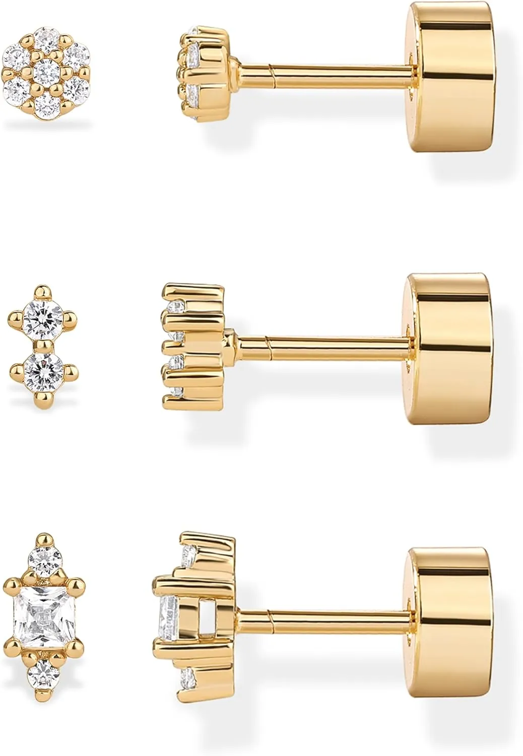 PAVOI 14K Gold Plated Sterling Silver Posts Dainty Mini Multi-Shape Flat Back Stud Earring Pack for Women | Helix Cartilage Piercing Jewelry
