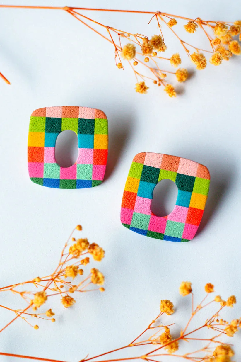Rainbow Checker Square Stud Earrings