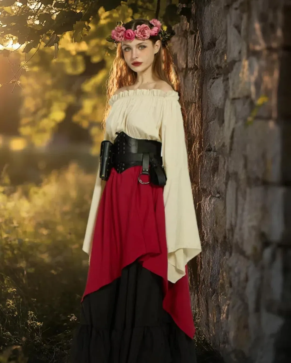 Renaissance Costume Women Ren Faire Outfit Medieval Skirt Dress with Corset Belt Pouch Coin Purse Skirt Hike 7PC