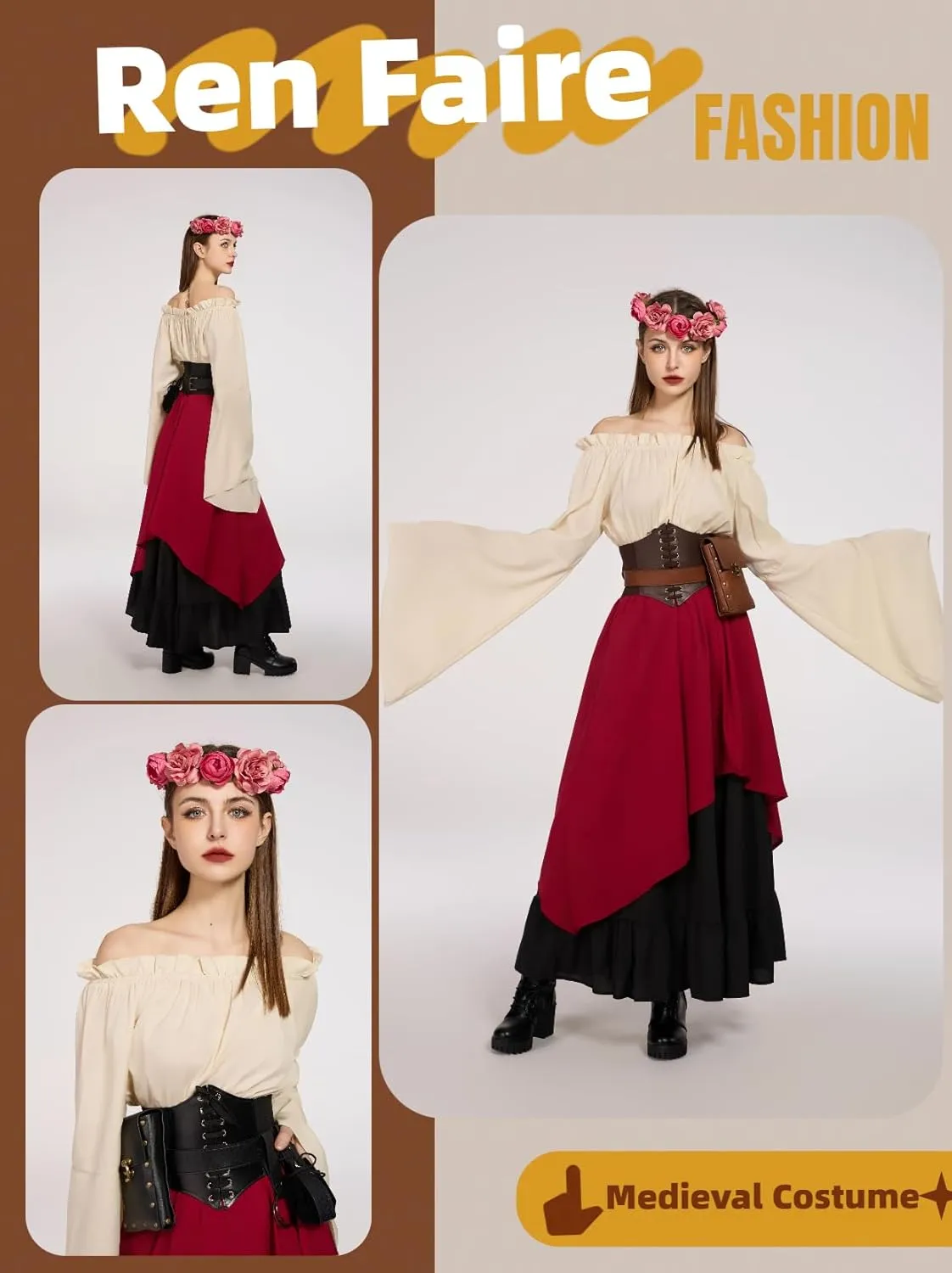 Renaissance Costume Women Ren Faire Outfit Medieval Skirt Dress with Corset Belt Pouch Coin Purse Skirt Hike 7PC