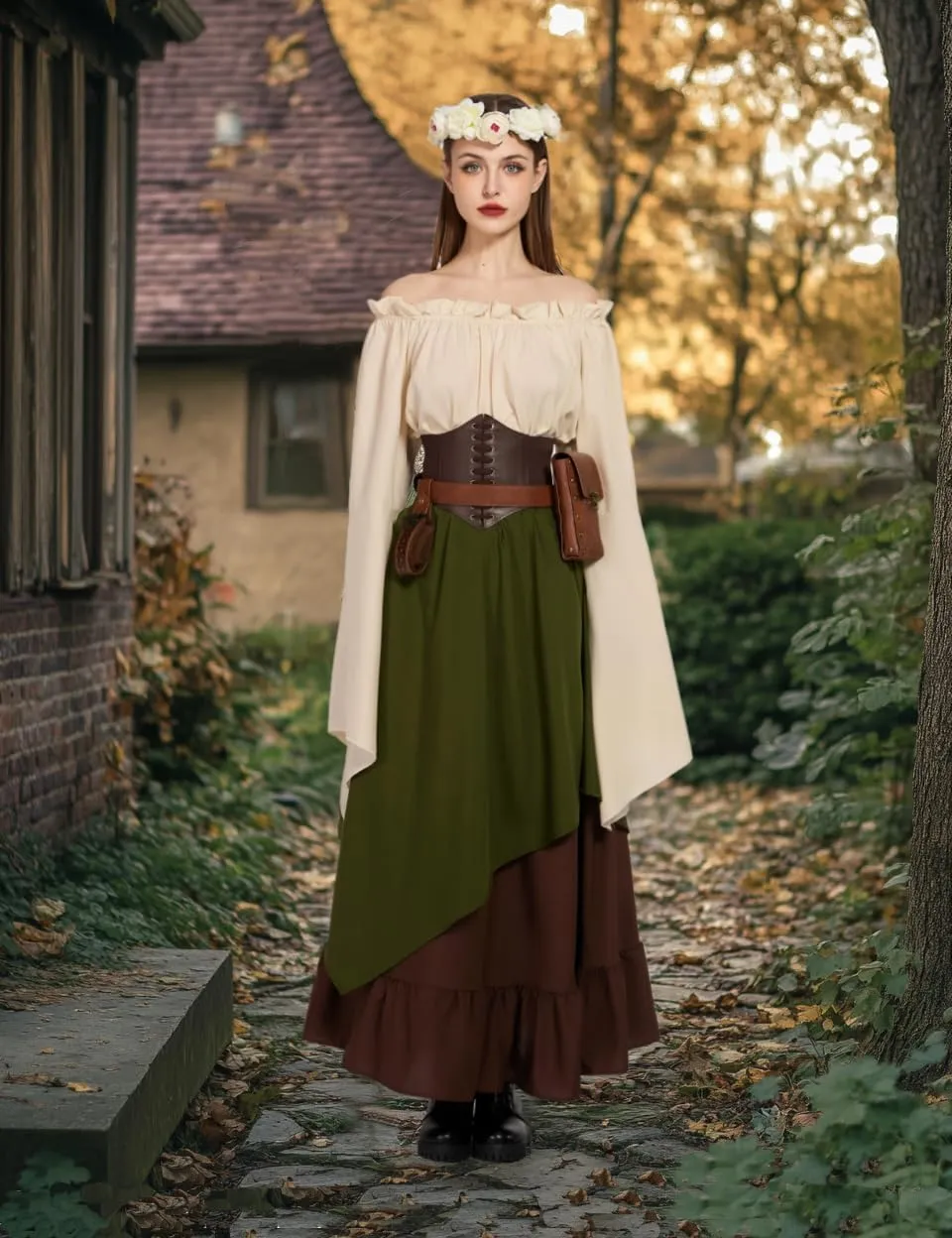 Renaissance Costume Women Ren Faire Outfit Medieval Skirt Dress with Corset Belt Pouch Coin Purse Skirt Hike 7PC