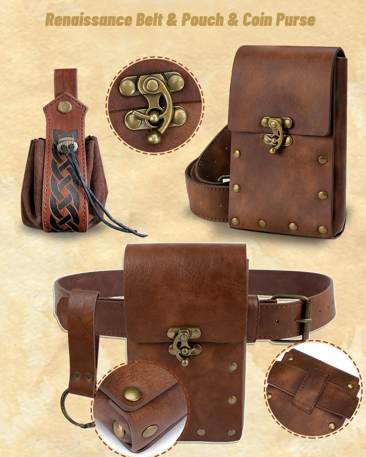 Renaissance Costume Women Ren Faire Outfit Medieval Skirt Dress with Corset Belt Pouch Coin Purse Skirt Hike 7PC