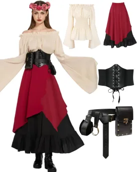 Renaissance Costume Women Ren Faire Outfit Medieval Skirt Dress with Corset Belt Pouch Coin Purse Skirt Hike 7PC