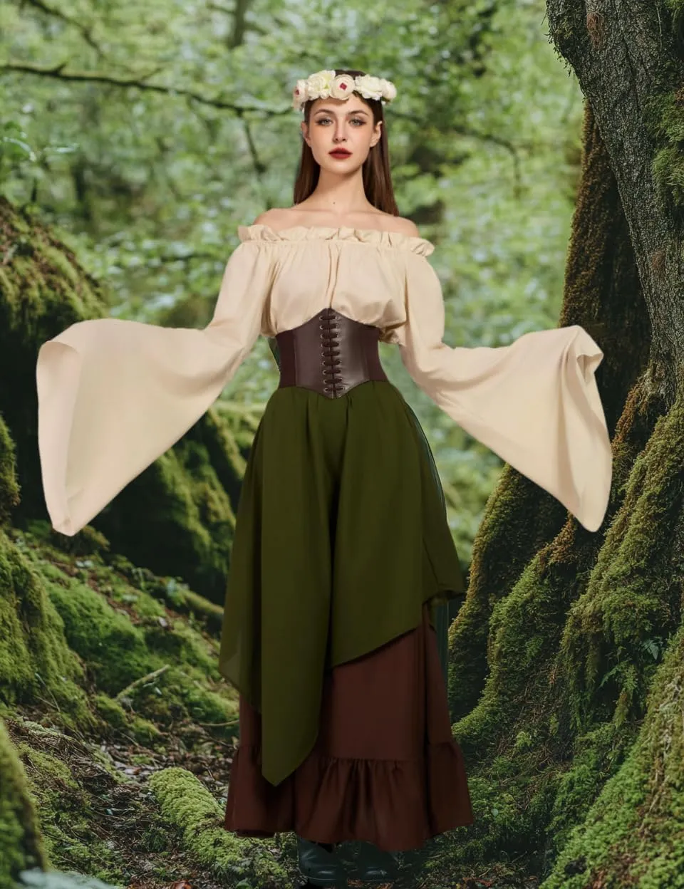 Renaissance Costume Women Ren Faire Outfit Medieval Skirt Dress with Corset Belt Pouch Coin Purse Skirt Hike 7PC