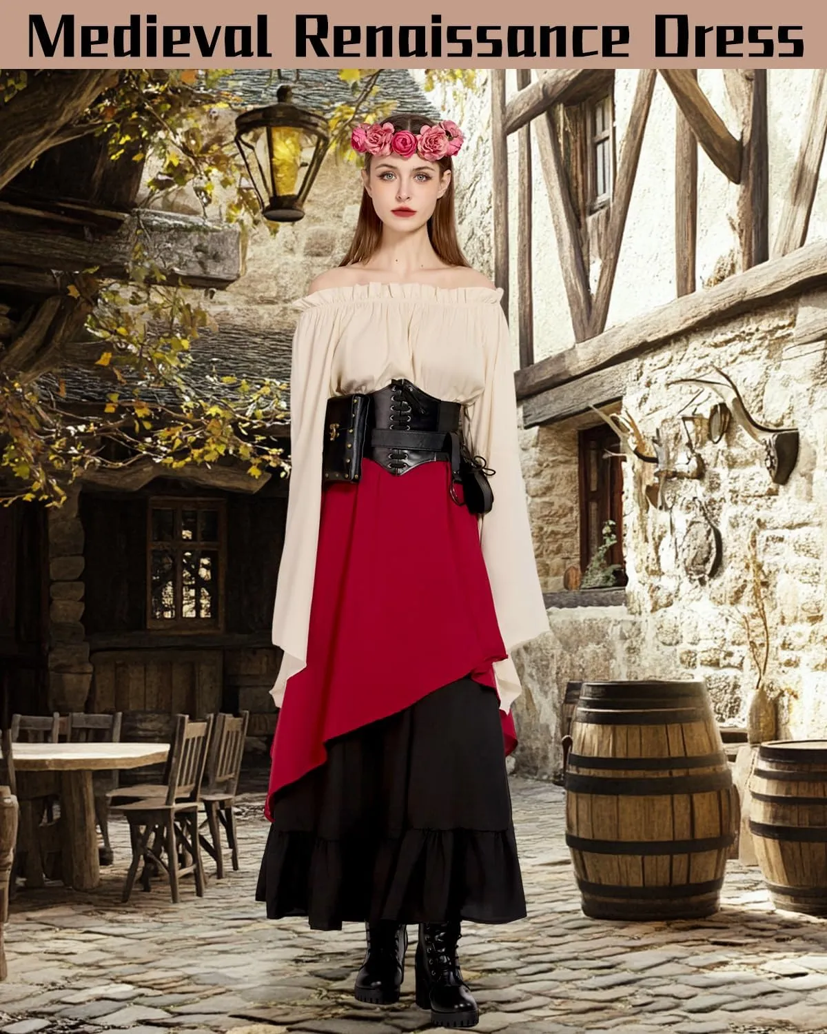 Renaissance Costume Women Ren Faire Outfit Medieval Skirt Dress with Corset Belt Pouch Coin Purse Skirt Hike 7PC