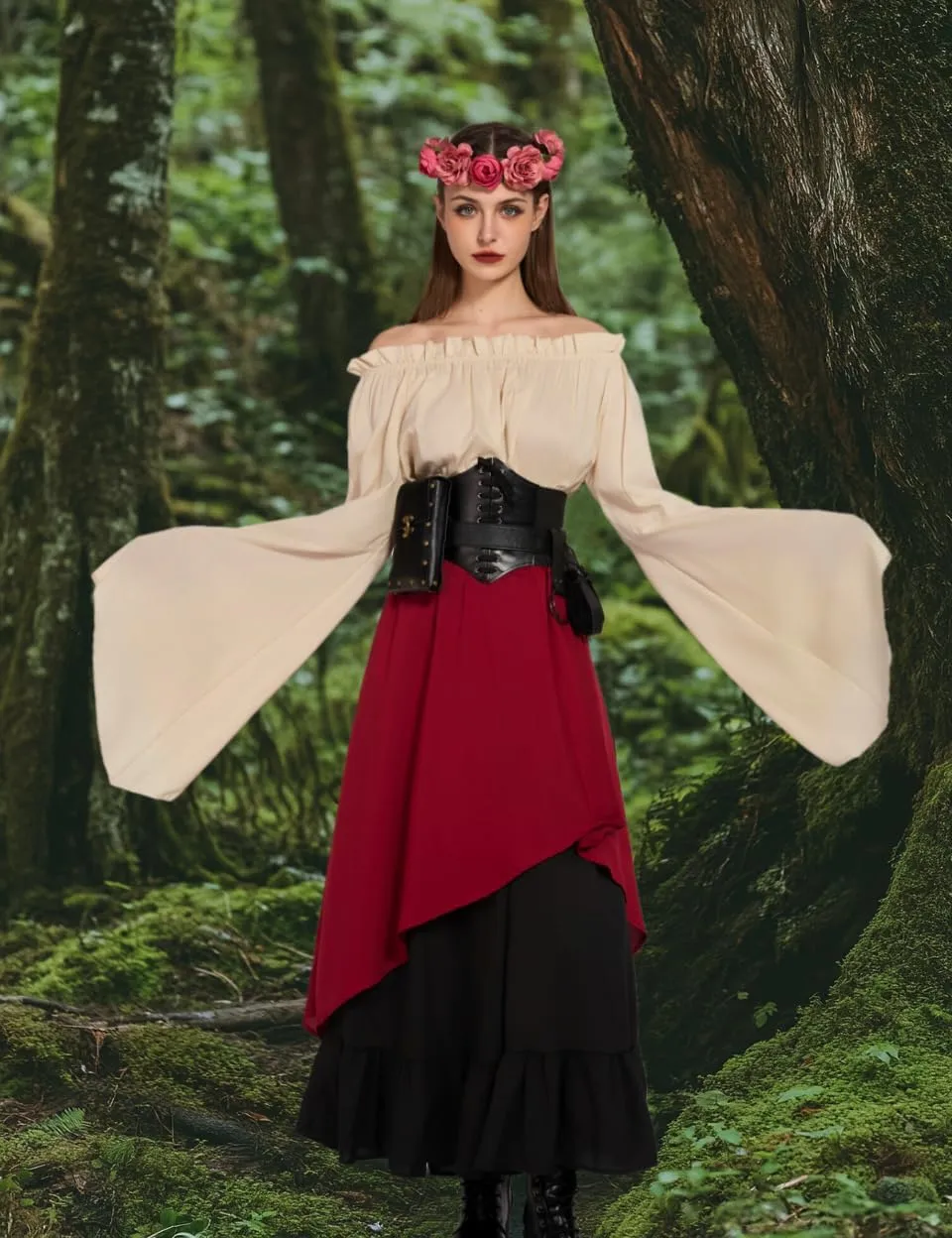 Renaissance Costume Women Ren Faire Outfit Medieval Skirt Dress with Corset Belt Pouch Coin Purse Skirt Hike 7PC