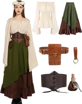 Renaissance Costume Women Ren Faire Outfit Medieval Skirt Dress with Corset Belt Pouch Coin Purse Skirt Hike 7PC