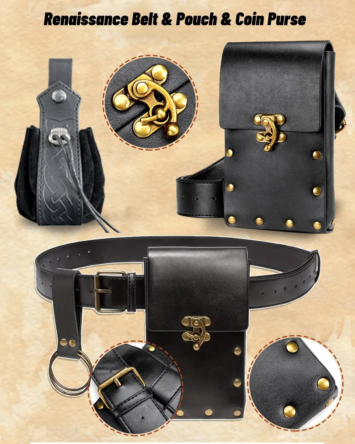 Renaissance Costume Women Ren Faire Outfit Medieval Skirt Dress with Corset Belt Pouch Coin Purse Skirt Hike 7PC