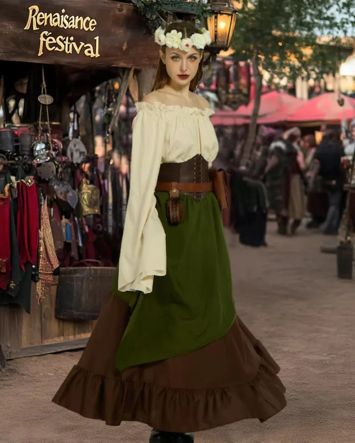 Renaissance Costume Women Ren Faire Outfit Medieval Skirt Dress with Corset Belt Pouch Coin Purse Skirt Hike 7PC