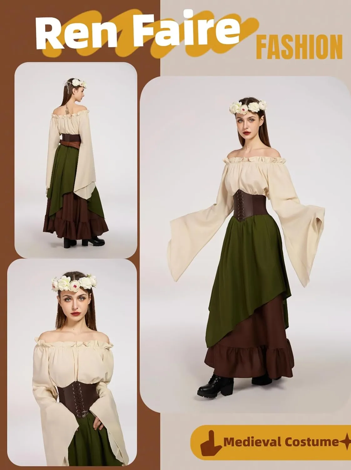 Renaissance Costume Women Ren Faire Outfit Medieval Skirt Dress with Corset Belt Pouch Coin Purse Skirt Hike 7PC