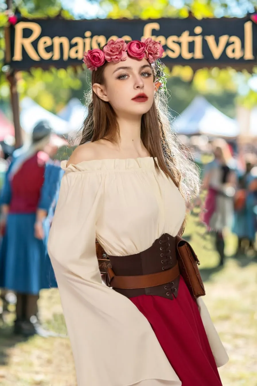 Renaissance Costume Women Ren Faire Outfit Medieval Skirt Dress with Corset Belt Pouch Coin Purse Skirt Hike 7PC