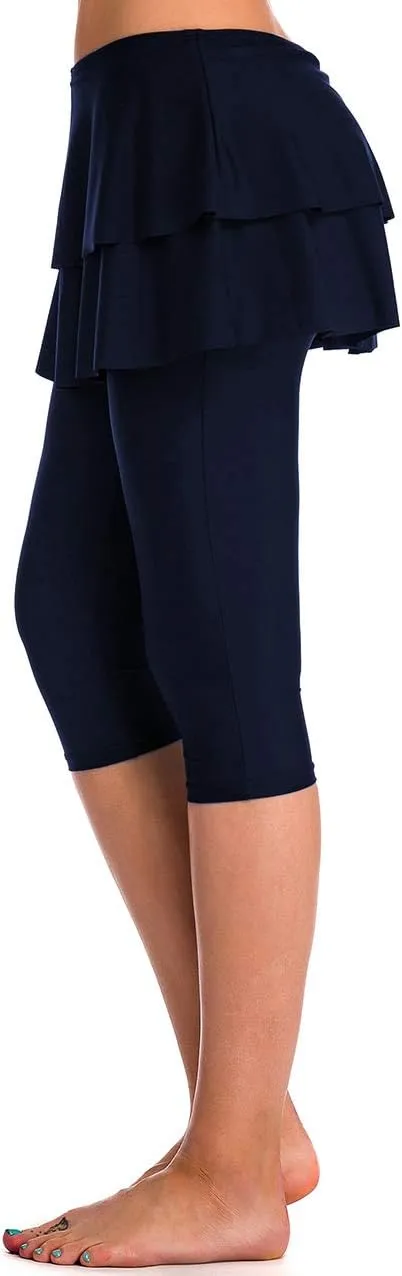 Skirted Swim Capris Women Layered Ruffle Swimming Skirt with Leggings Pants