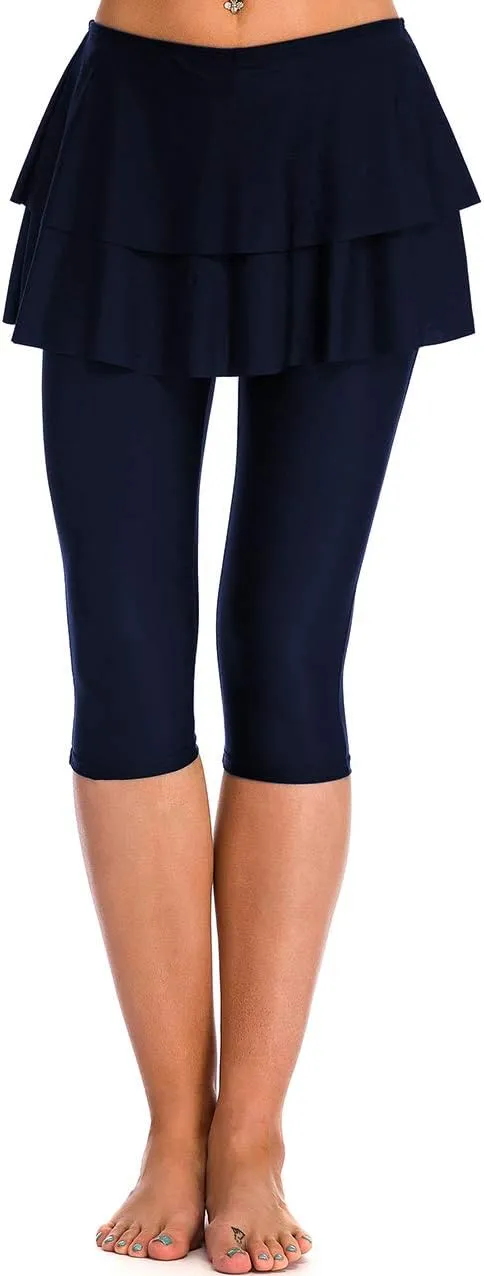Skirted Swim Capris Women Layered Ruffle Swimming Skirt with Leggings Pants