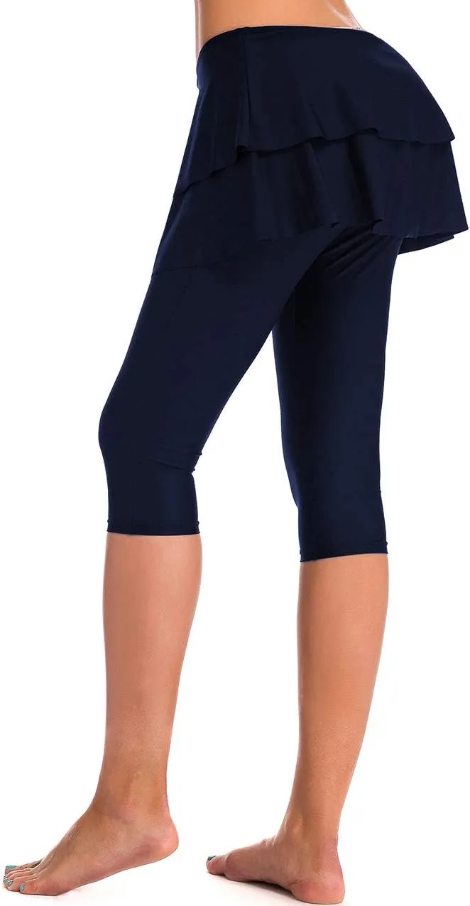Skirted Swim Capris Women Layered Ruffle Swimming Skirt with Leggings Pants