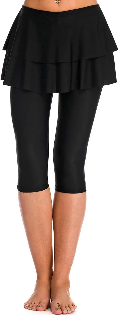 Skirted Swim Capris Women Layered Ruffle Swimming Skirt with Leggings Pants