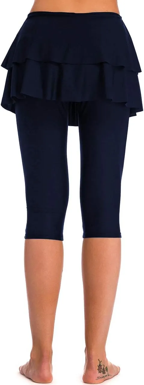 Skirted Swim Capris Women Layered Ruffle Swimming Skirt with Leggings Pants