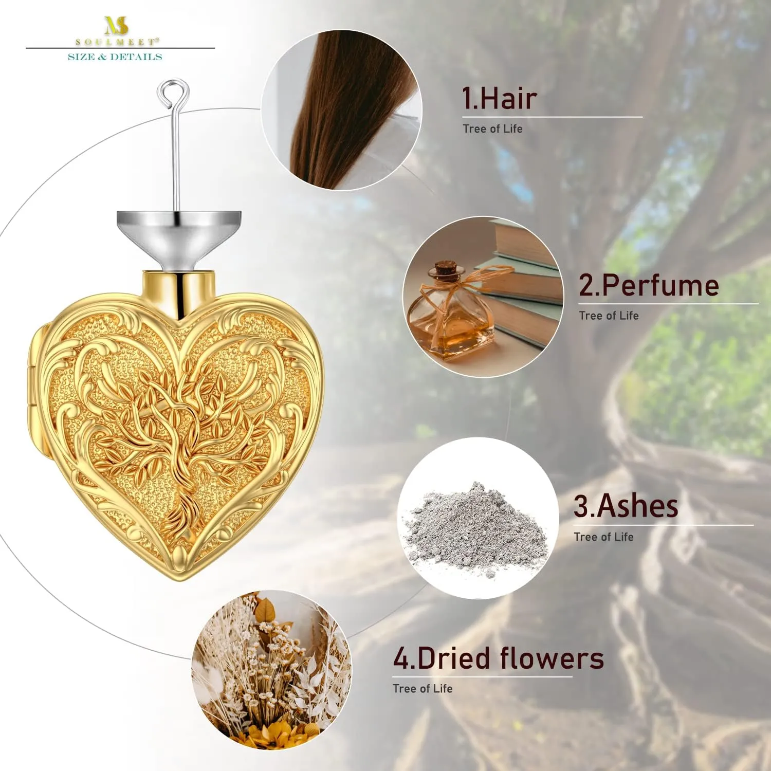SOULMEET White Gold/Rose Gold/Yellow Gold Cremation Jewelry for Ashes, Personalized Real Gold Tree of Life/Butterfly/Rose Heart Locket Necklace for Ashes to Keep Human Dog Cat in Memory