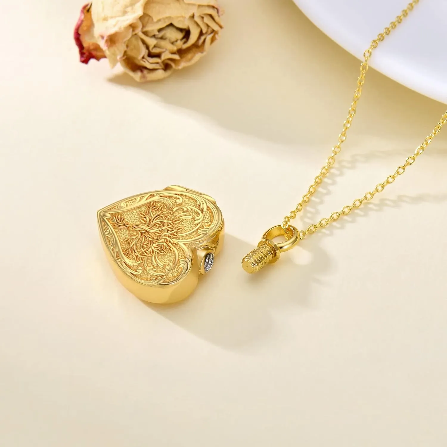SOULMEET White Gold/Rose Gold/Yellow Gold Cremation Jewelry for Ashes, Personalized Real Gold Tree of Life/Butterfly/Rose Heart Locket Necklace for Ashes to Keep Human Dog Cat in Memory