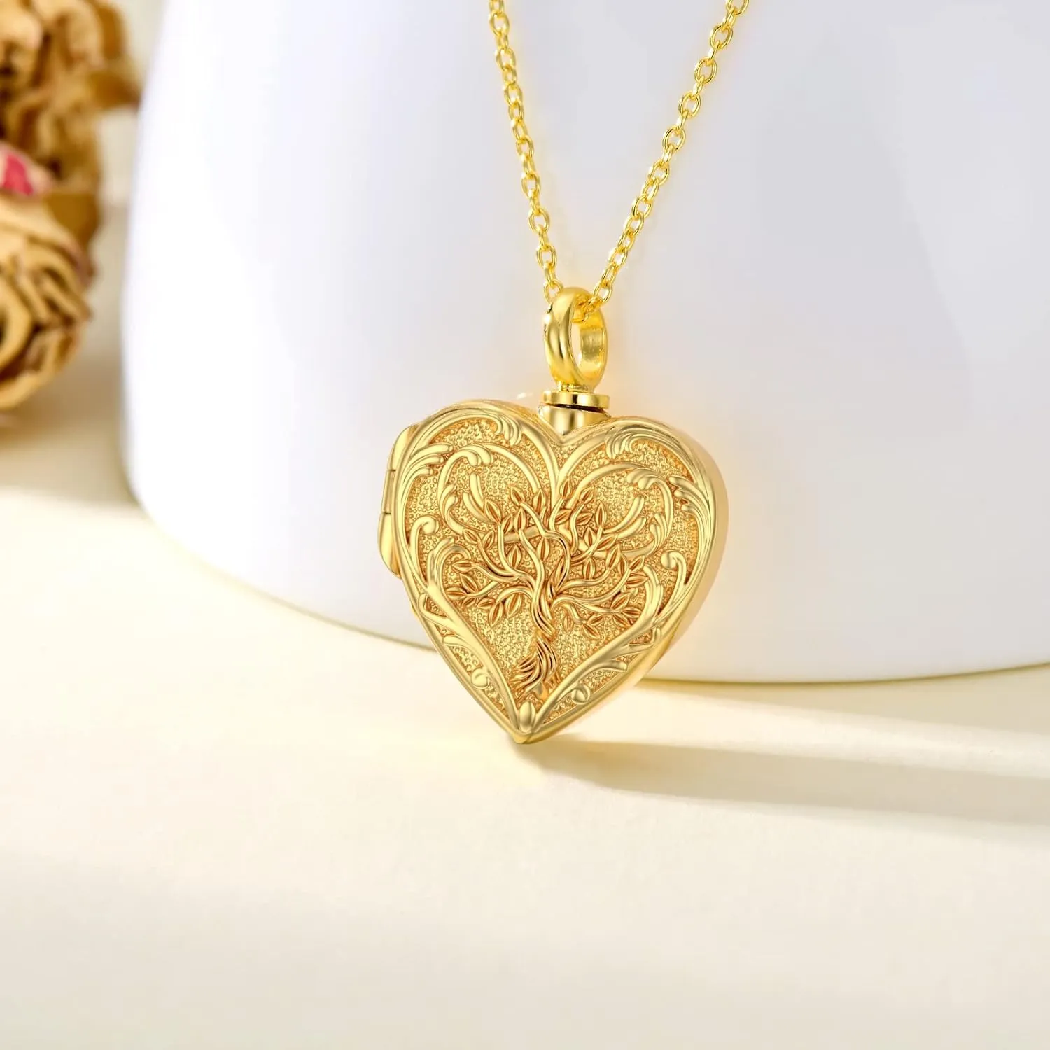 SOULMEET White Gold/Rose Gold/Yellow Gold Cremation Jewelry for Ashes, Personalized Real Gold Tree of Life/Butterfly/Rose Heart Locket Necklace for Ashes to Keep Human Dog Cat in Memory