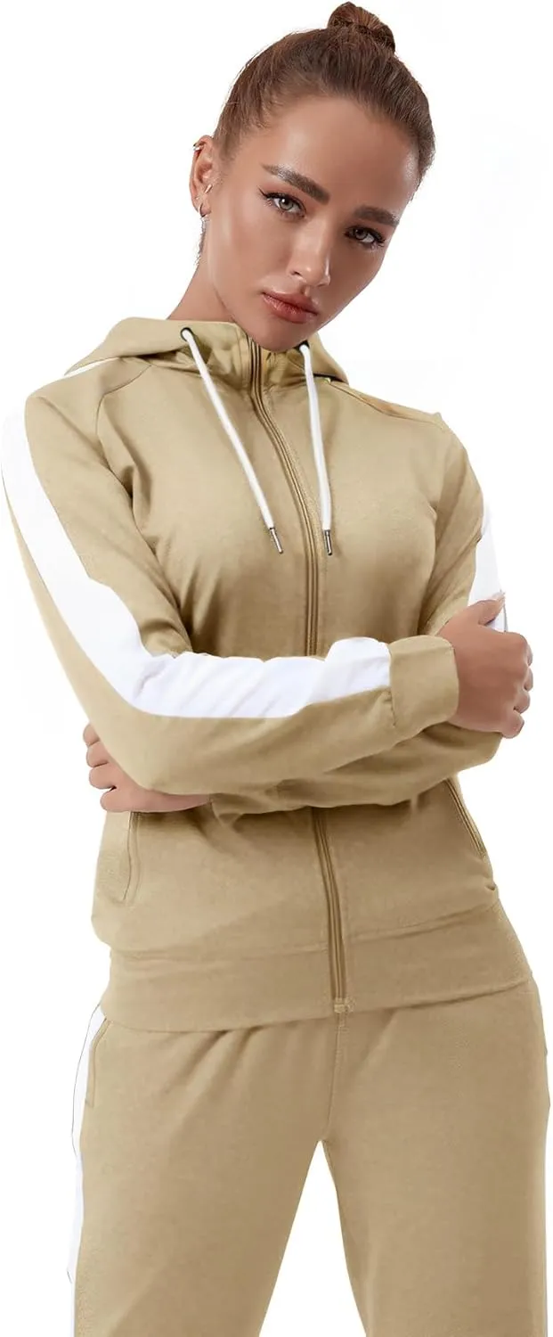 TEZO Womens Full Zip-Up Hoodie Tracksuit Set Long Sleeve Casual Jogging Suits Workout Gym 2 Piece Outfits with Pockets