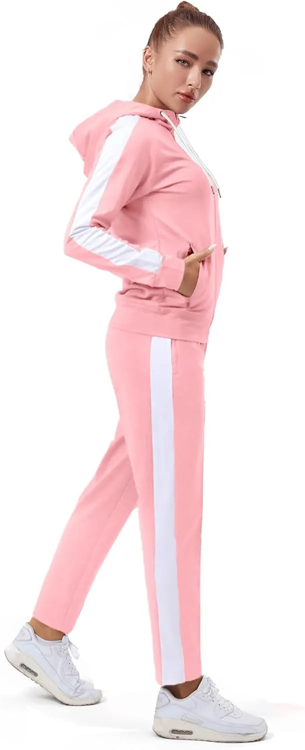 TEZO Womens Full Zip-Up Hoodie Tracksuit Set Long Sleeve Casual Jogging Suits Workout Gym 2 Piece Outfits with Pockets