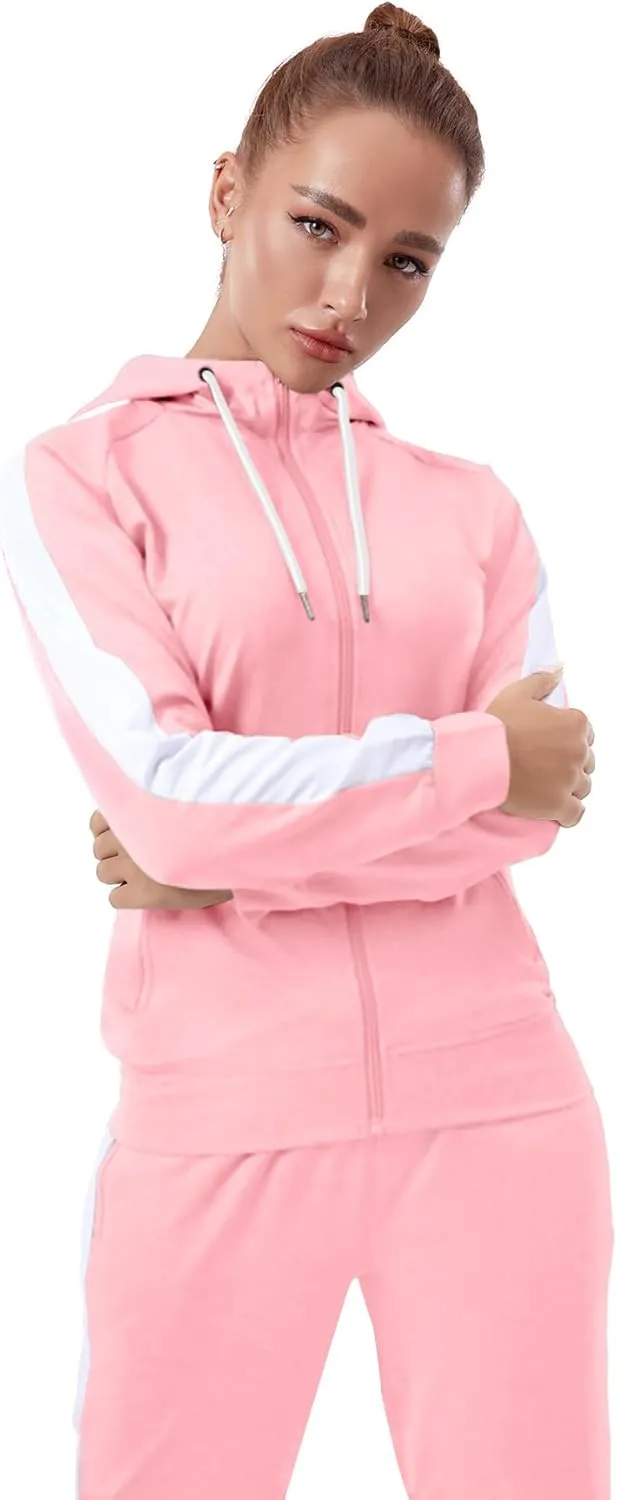 TEZO Womens Full Zip-Up Hoodie Tracksuit Set Long Sleeve Casual Jogging Suits Workout Gym 2 Piece Outfits with Pockets