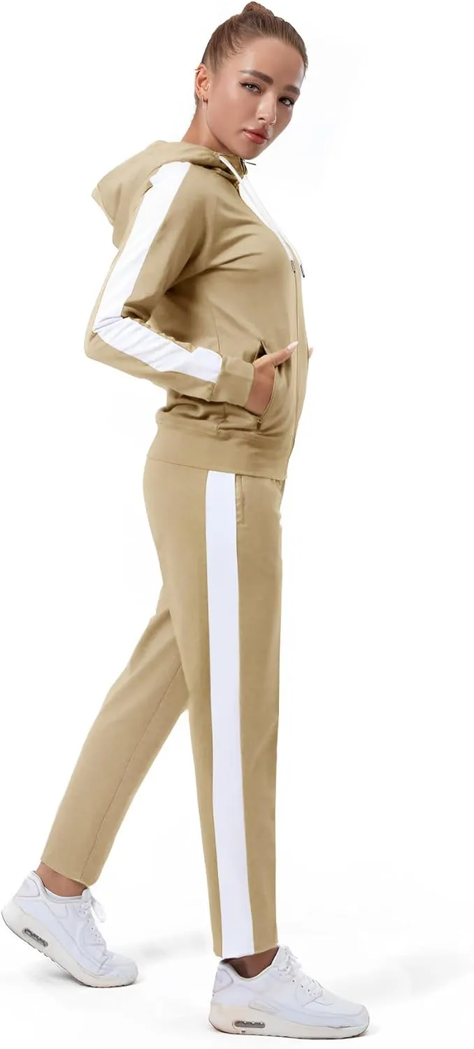 TEZO Womens Full Zip-Up Hoodie Tracksuit Set Long Sleeve Casual Jogging Suits Workout Gym 2 Piece Outfits with Pockets
