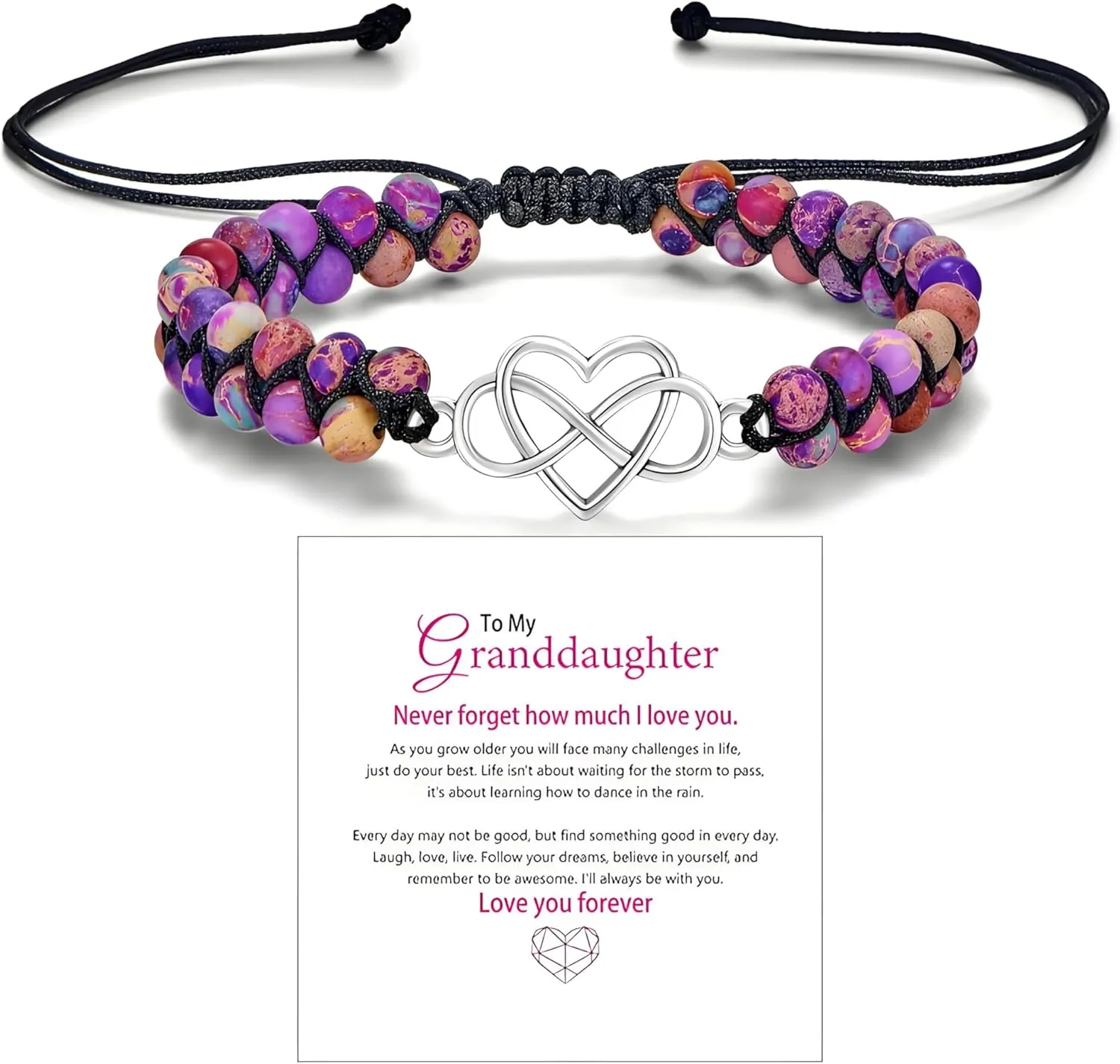 To My Granddaughter/Daughter/Mom Gift From Grandma -Infinity Heart Bracelet For Women, Natural Emperor Stone Double Layer Purple Beaded Woven Wrap Bracelets Adjustable Mind Peace Jewelry
