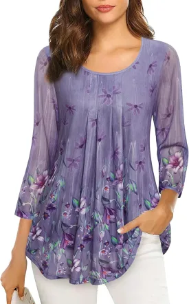 VALOLIA Women's 3/4 Sleeve Tunic Tops Casual Loose Fit Floral Blouses Mesh Pleated Layered Shirt
