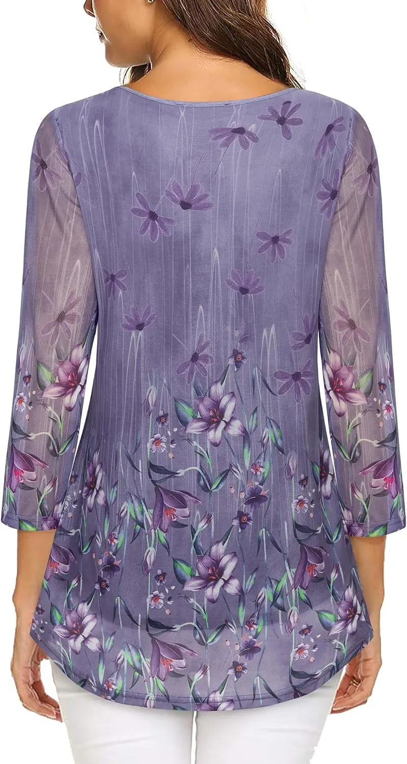 VALOLIA Women's 3/4 Sleeve Tunic Tops Casual Loose Fit Floral Blouses Mesh Pleated Layered Shirt
