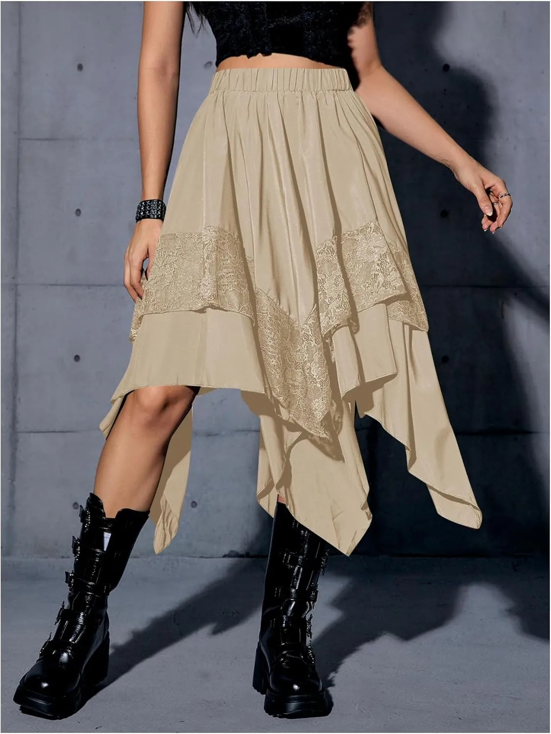 Verdusa Women's Renaissance Flowy Fairy Skirt Y2k Contrast Lace Layered Asymmetrical Midi Skirts