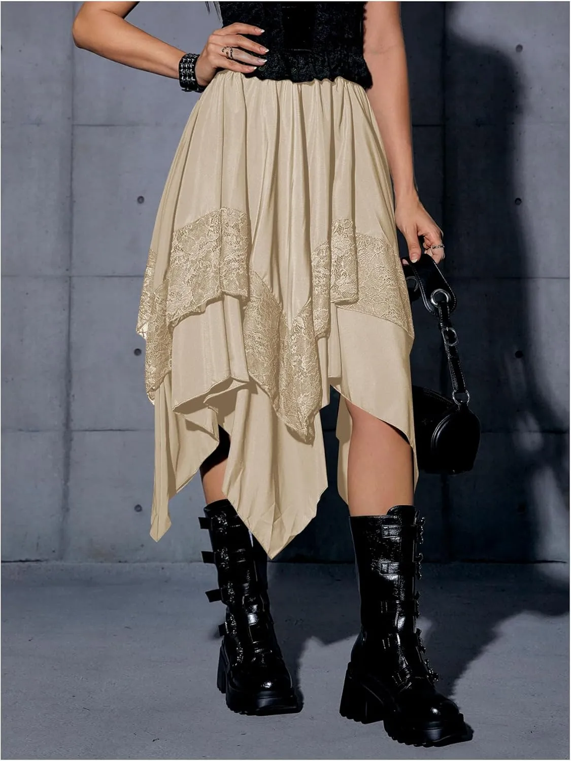 Verdusa Women's Renaissance Flowy Fairy Skirt Y2k Contrast Lace Layered Asymmetrical Midi Skirts