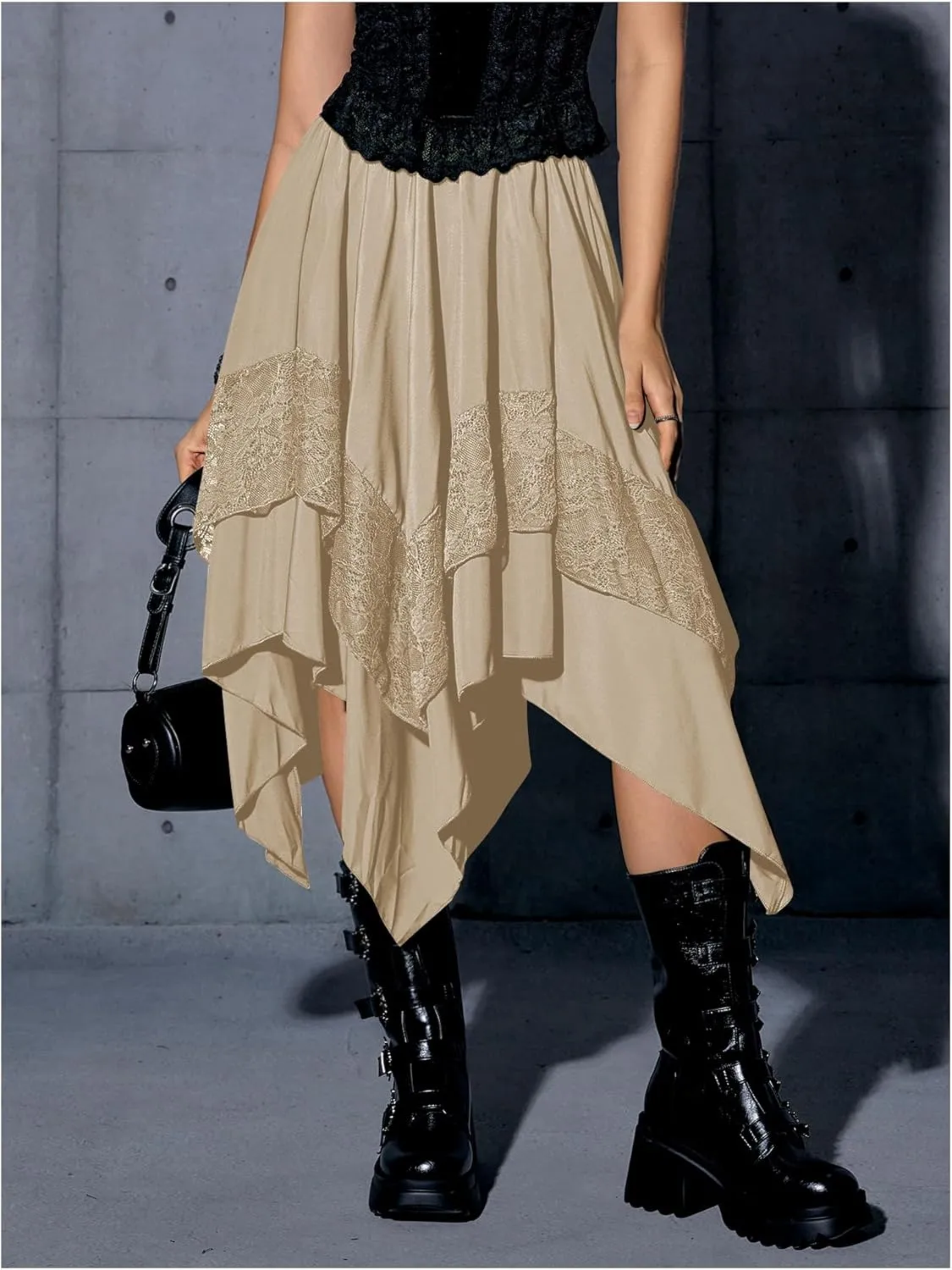 Verdusa Women's Renaissance Flowy Fairy Skirt Y2k Contrast Lace Layered Asymmetrical Midi Skirts