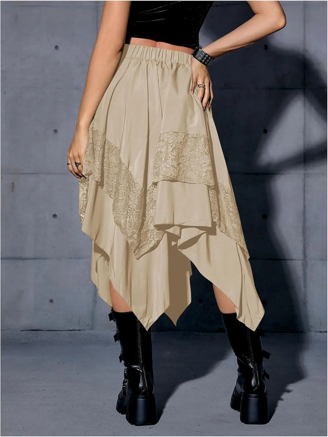 Verdusa Women's Renaissance Flowy Fairy Skirt Y2k Contrast Lace Layered Asymmetrical Midi Skirts