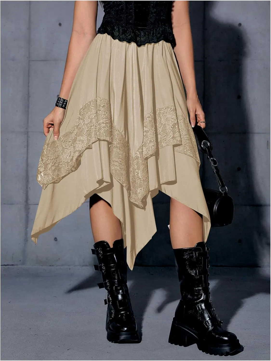 Verdusa Women's Renaissance Flowy Fairy Skirt Y2k Contrast Lace Layered Asymmetrical Midi Skirts