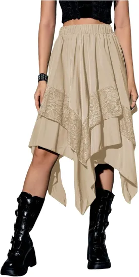 Verdusa Women's Renaissance Flowy Fairy Skirt Y2k Contrast Lace Layered Asymmetrical Midi Skirts