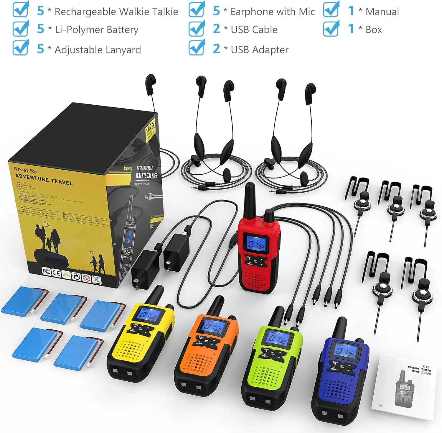 Walkie Talkies Rechargeable for Adults Long Range with Earpiece NOAA Weather Alert, Multi-purpose 2 Way Radio 5 Pack for Team Work Senior Care Kid Adventure Family Camping Hiking Skiing Cruise
