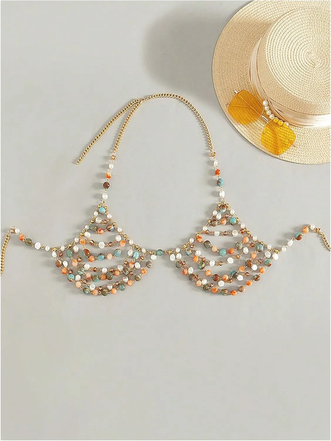 WDIRARA Women's Pearl Beaded Halter Bikini Top Sleeveless Backless Beach Cover Up Tops