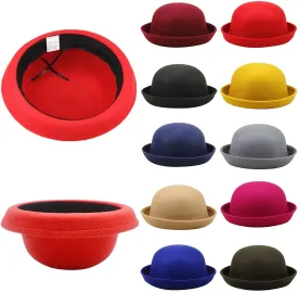 Women Men Classic-Wool-Bowel Hats Roll-up Brim Black Fedora Cap Fall Bell Round Caps for Women (Red, One Size)