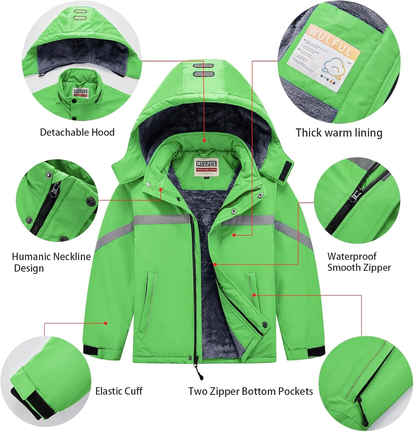 WULFUL Boy's Waterproof Ski Coat Winter Warm Snow Coat with Hood
