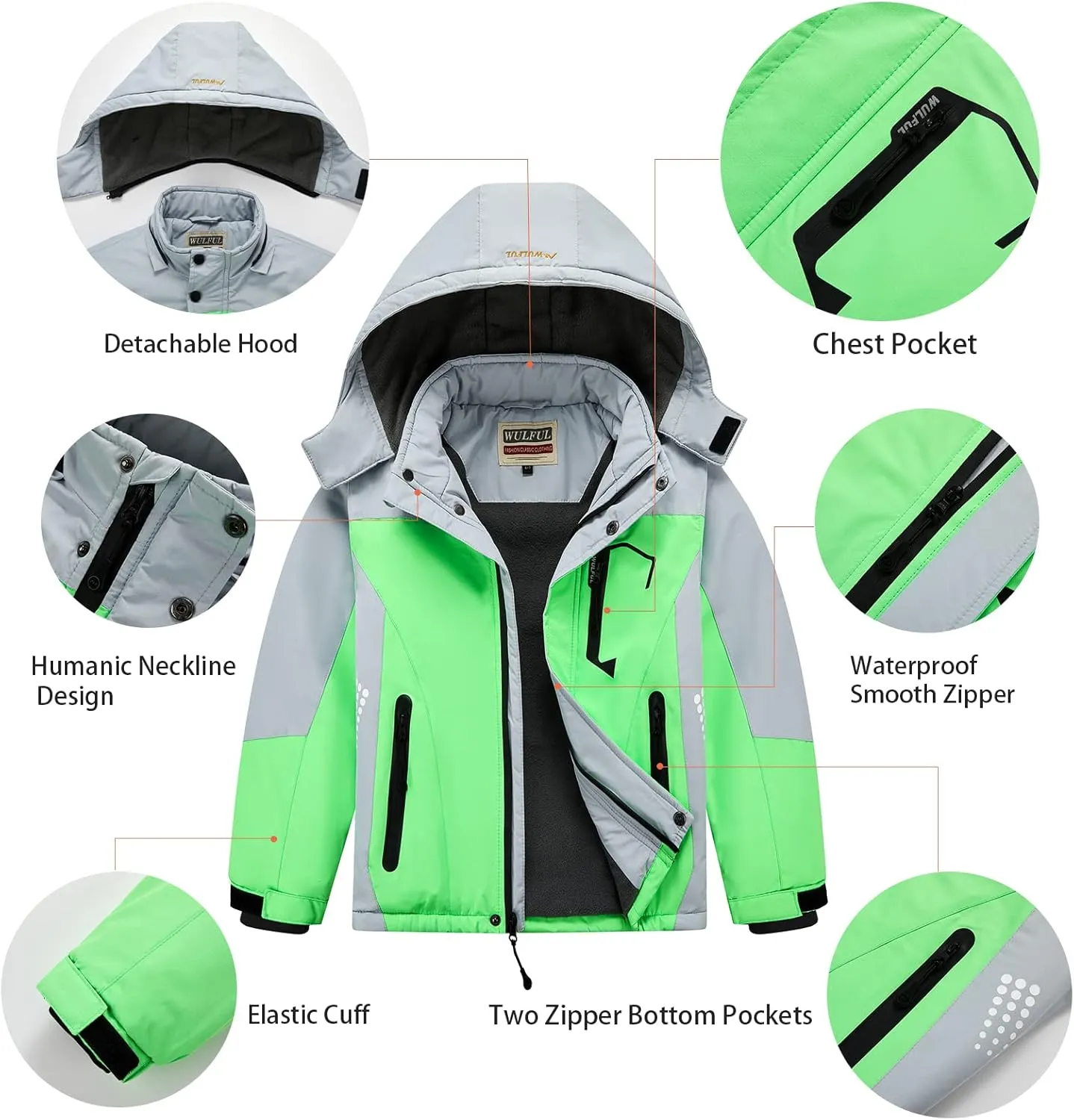 WULFUL Boy's Waterproof Ski Coat Winter Warm Snow Coat with Hood